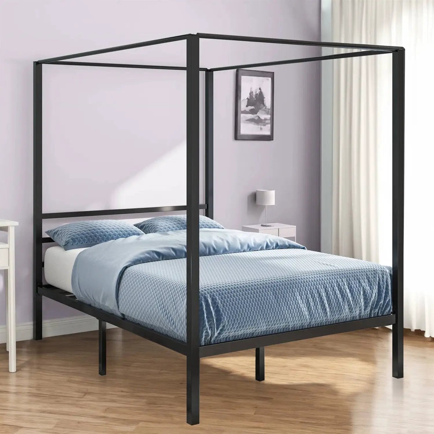 Full size Modern Four Poster Metal Canopy Bed in Black Finish by HomePacific