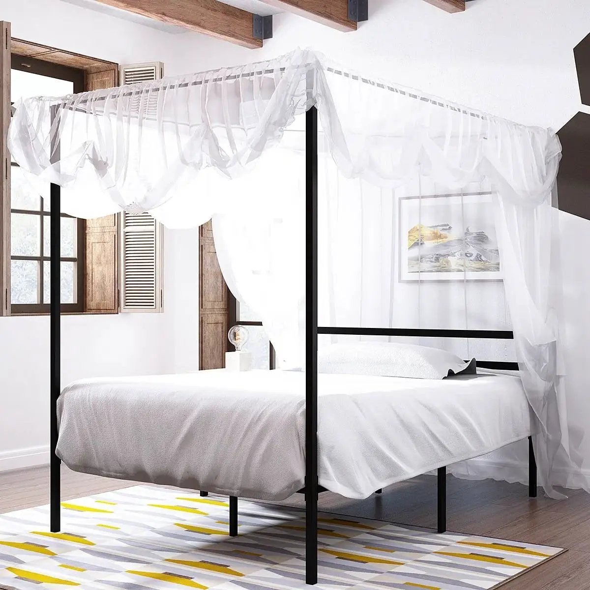 Full size Modern Four Poster Metal Canopy Bed in Black Finish by HomePacific
