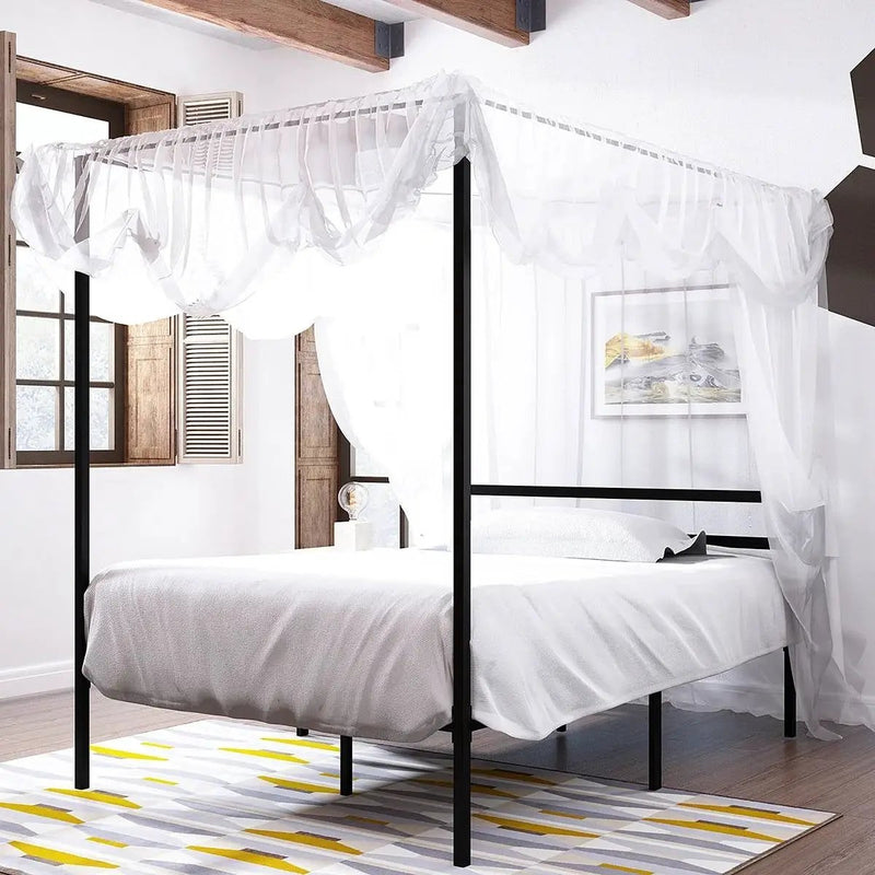 Full size Modern Four Poster Metal Canopy Bed in Black Finish by HomePacific