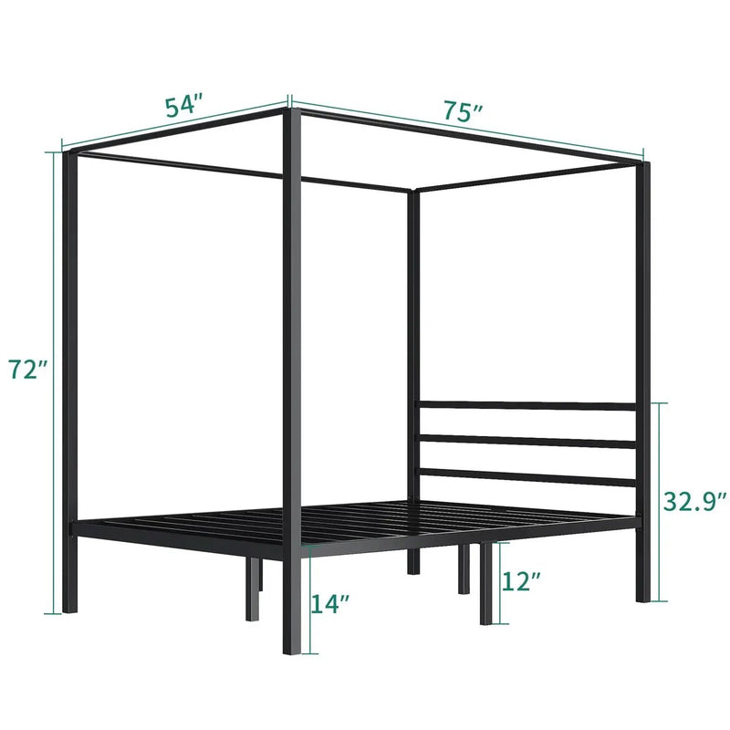 Full size Modern Four Poster Metal Canopy Bed in Black Finish by HomePacific