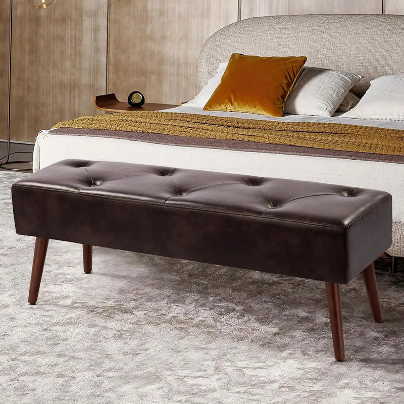 Mid-Century Bed Bench with Dark Brown Leather Upholstered Seat Solid Wood Legs by HomePacific