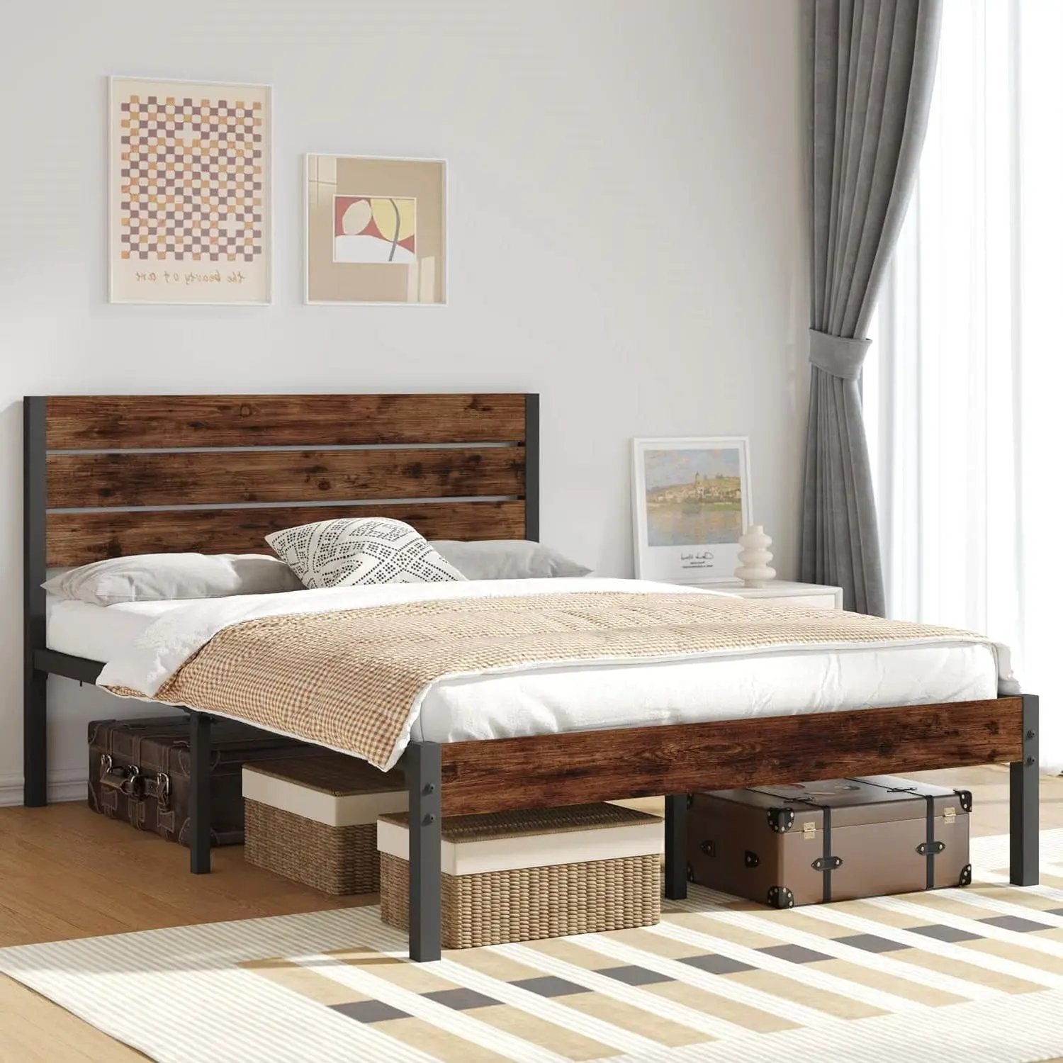 Full size Modern Farmhouse Metal Platform Bed Frame with Brown Wood Headboard by HomePacific