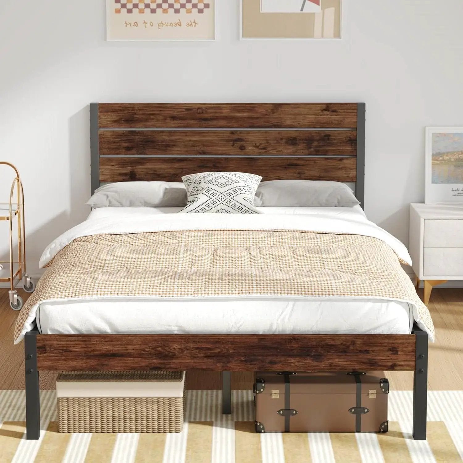 Full size Modern Farmhouse Metal Platform Bed Frame with Brown Wood Headboard by HomePacific