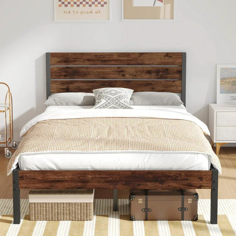 Full size Modern Farmhouse Metal Platform Bed Frame with Brown Wood Headboard by HomePacific