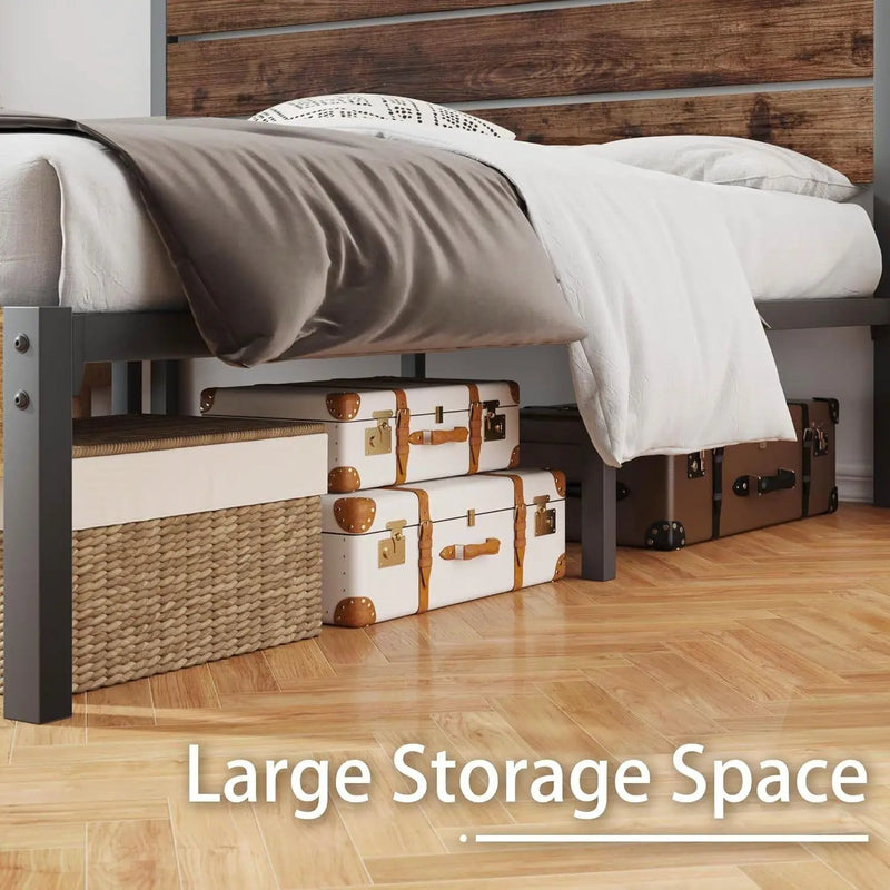 Full size Modern Farmhouse Metal Platform Bed Frame with Brown Wood Headboard by HomePacific