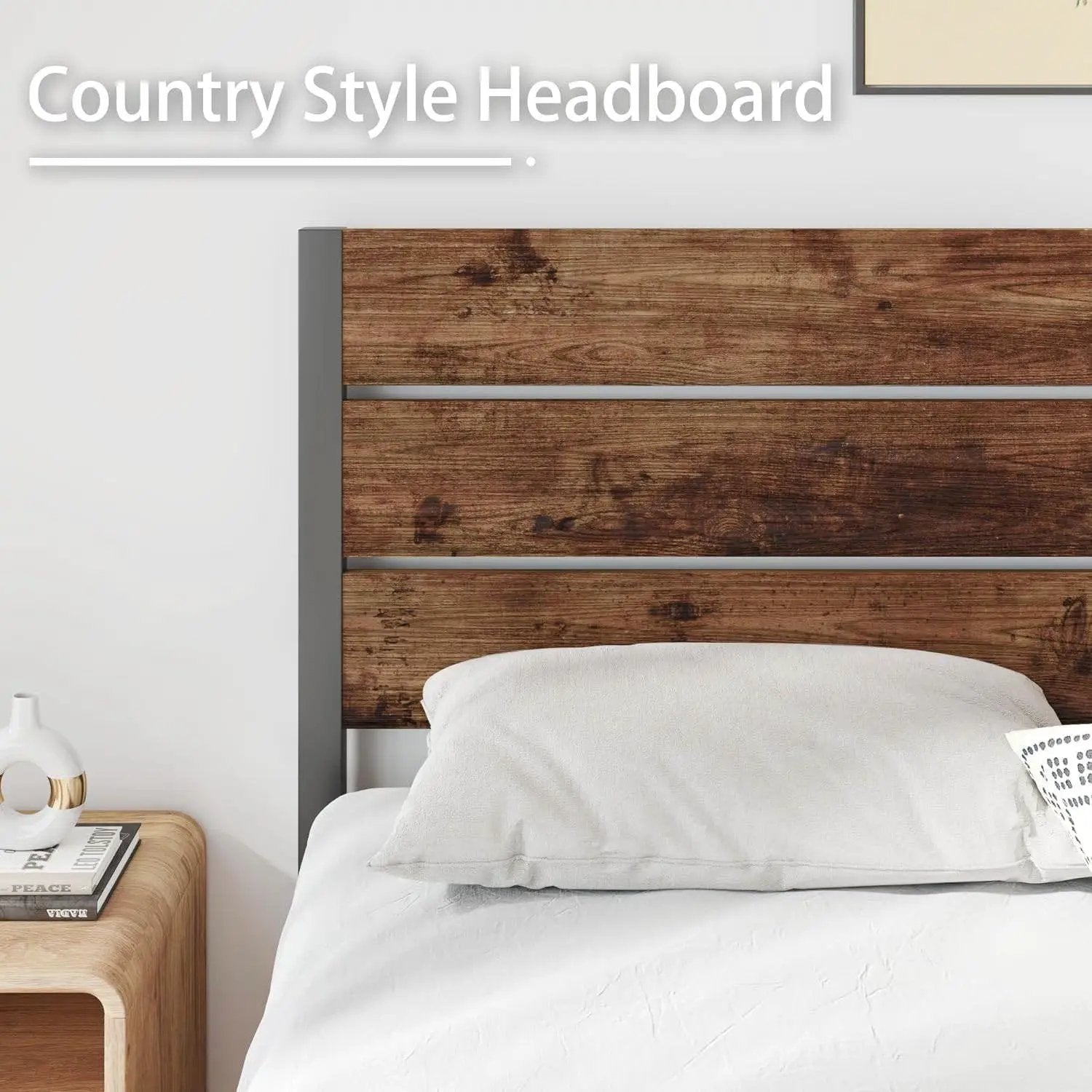 Full size Modern Farmhouse Metal Platform Bed Frame with Brown Wood Headboard by HomePacific