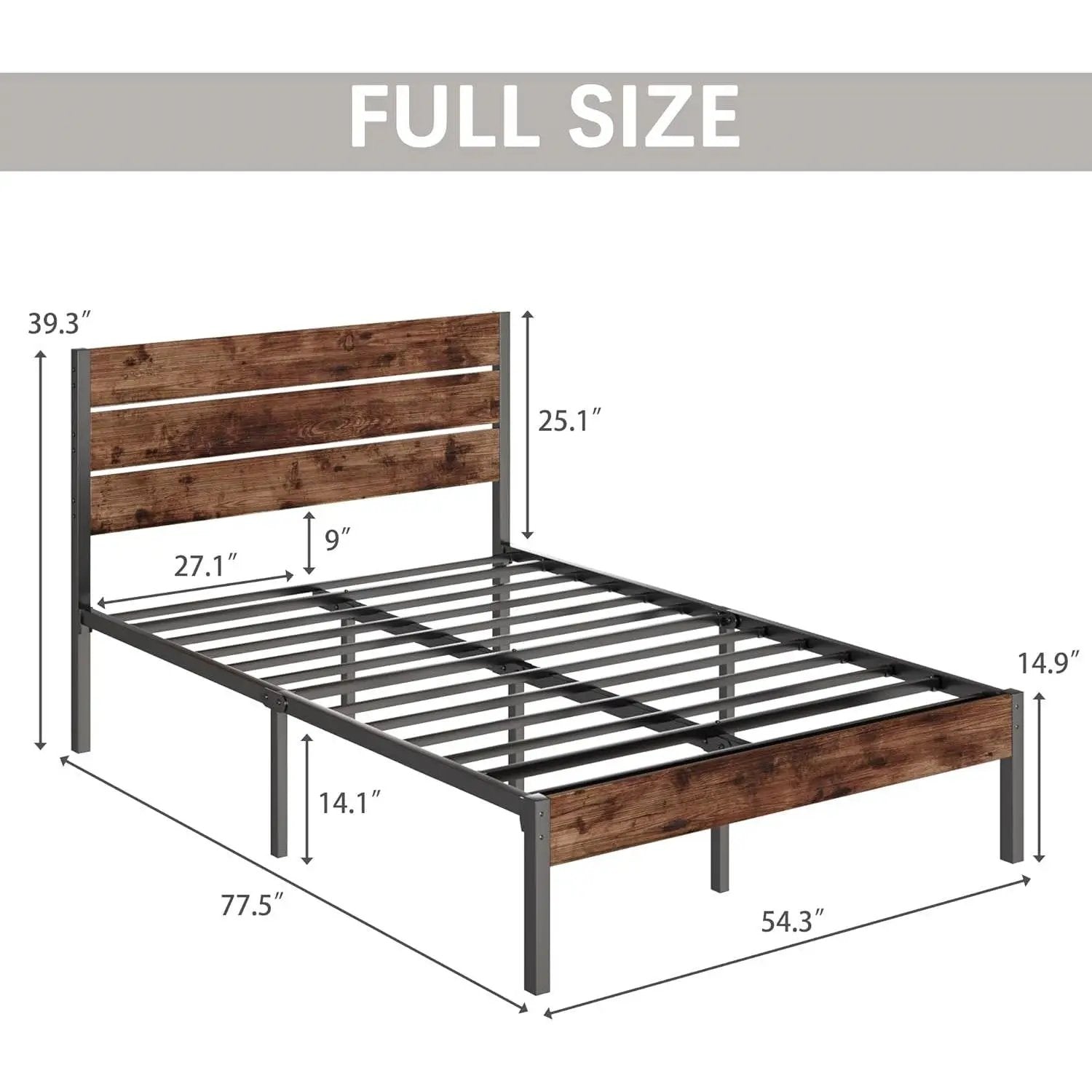 Full size Modern Farmhouse Metal Platform Bed Frame with Brown Wood Headboard by HomePacific