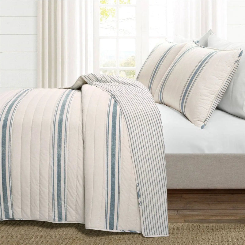Full/Queen Blue Off-White Stripe 3 Piece Reversible Cotton Quilt Set by HomePacific