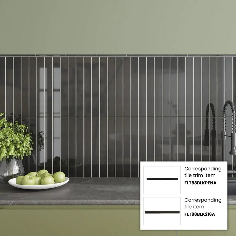 Jet Black 0.5x8 Glossy Ceramic Pencil Tile Trim (10 pack, 0.27 sq ft/case) by Apollo Tile
