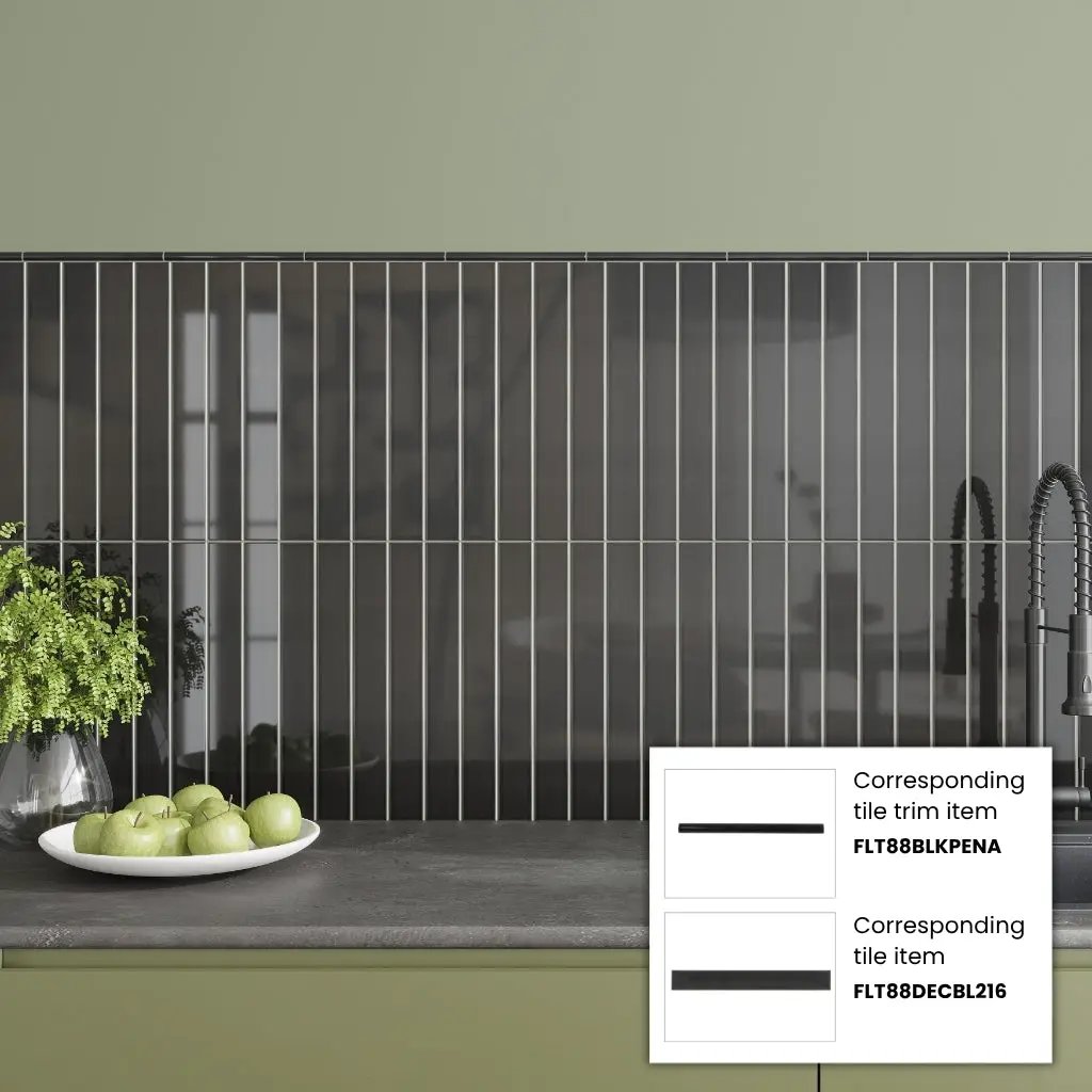 Jet Black 0.5x8 Glossy Ceramic Pencil Tile Trim (10 pack, 0.27 sq ft/case) by Apollo Tile