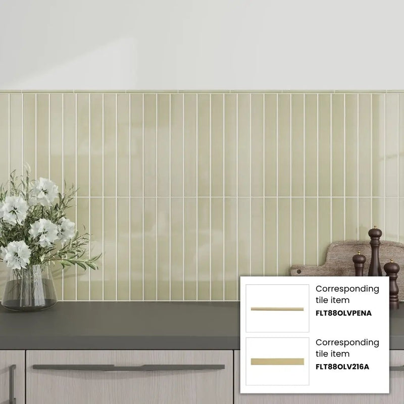 Soft Olive 0.5x8 Glossy Ceramic Pencil Tile Trim (10 pack, 0.27 sq ft/case) by Apollo Tile