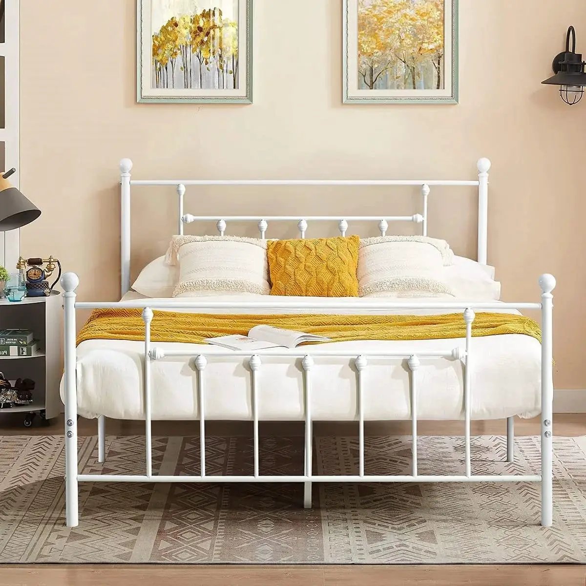 Full Vintage Style White Metal Platform Bed Frame with Headboard Footboard by HomePacific