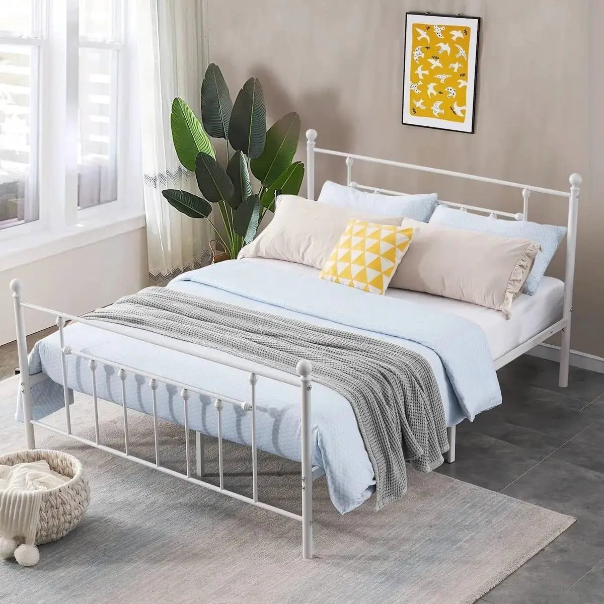 Full Vintage Style White Metal Platform Bed Frame with Headboard Footboard by HomePacific