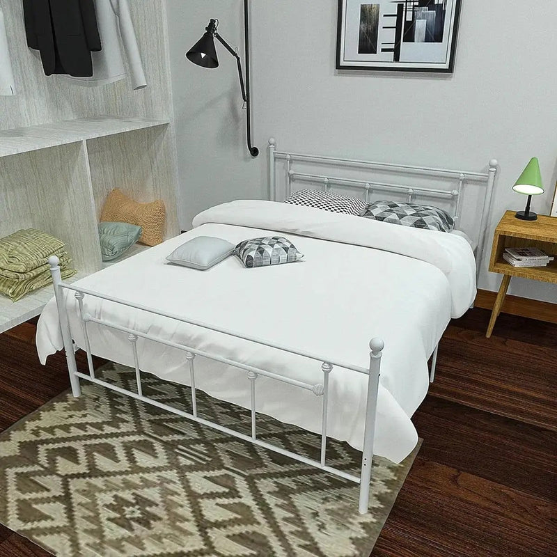 Full Vintage Style White Metal Platform Bed Frame with Headboard Footboard by HomePacific