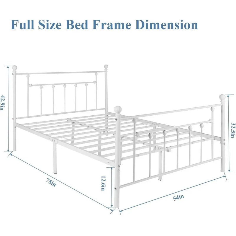 Full Vintage Style White Metal Platform Bed Frame with Headboard Footboard by HomePacific