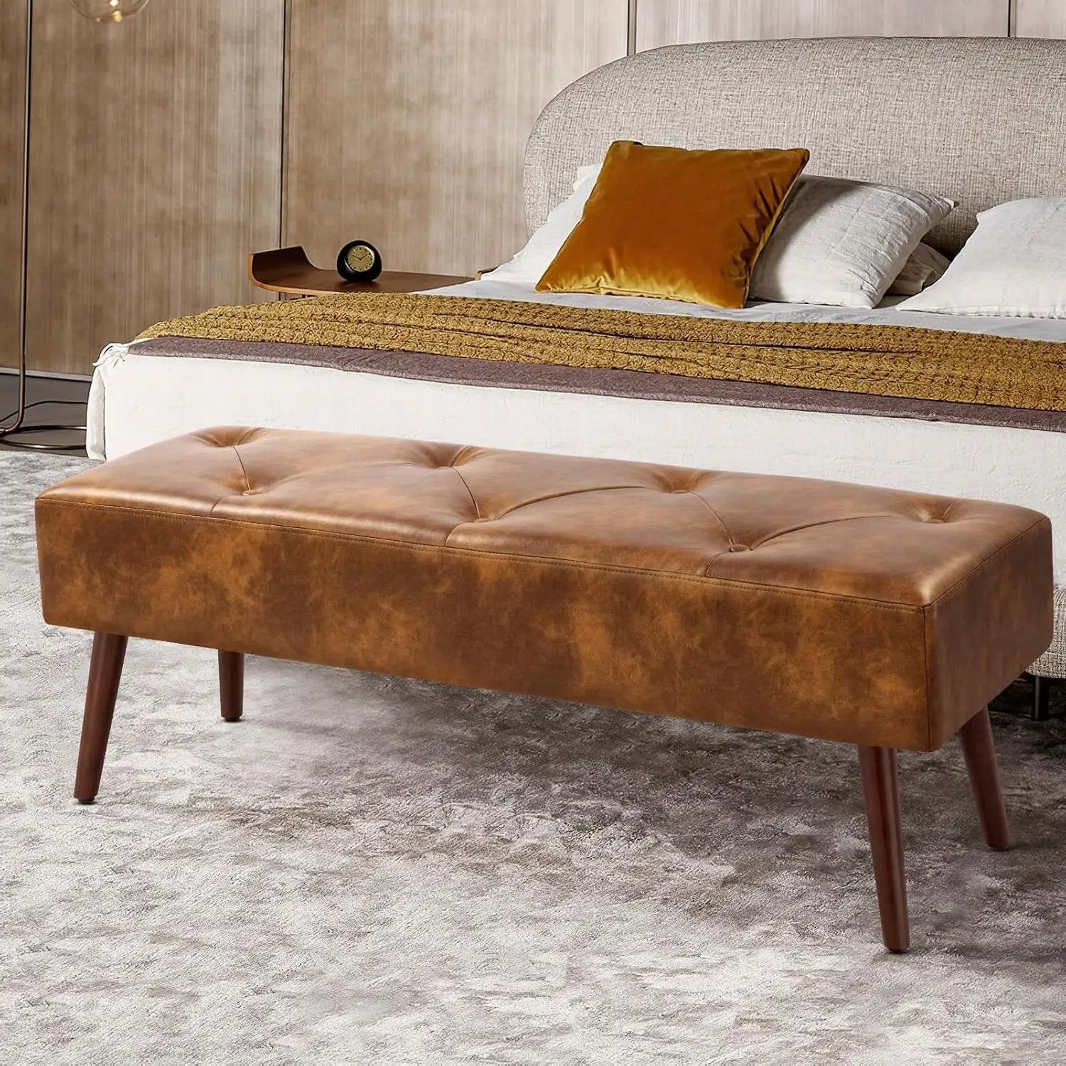 Mid-Century End of Bed Bench with Brown Leather Upholstered Seat Solid Wood Legs by HomePacific