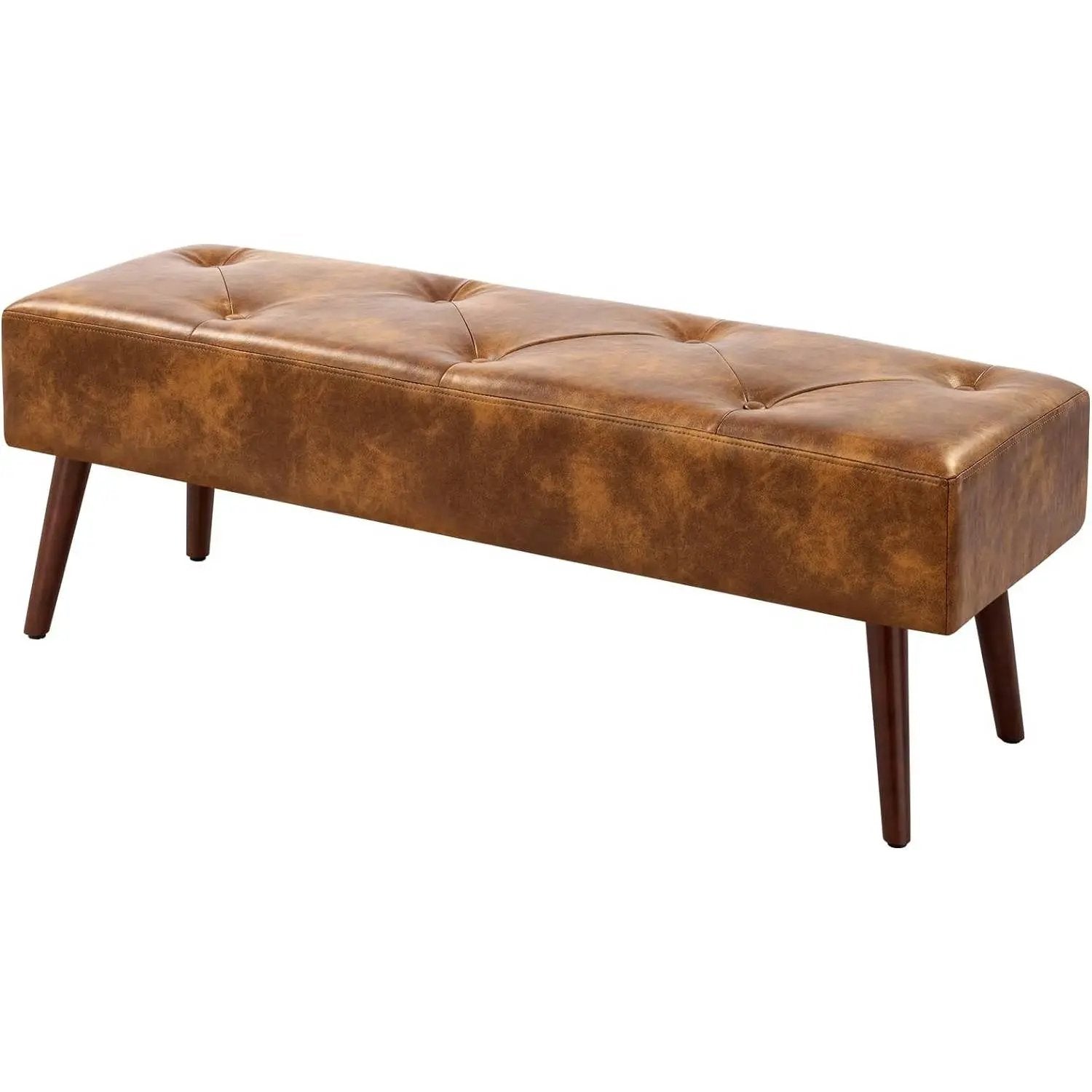 Mid-Century End of Bed Bench with Brown Leather Upholstered Seat Solid Wood Legs by HomePacific