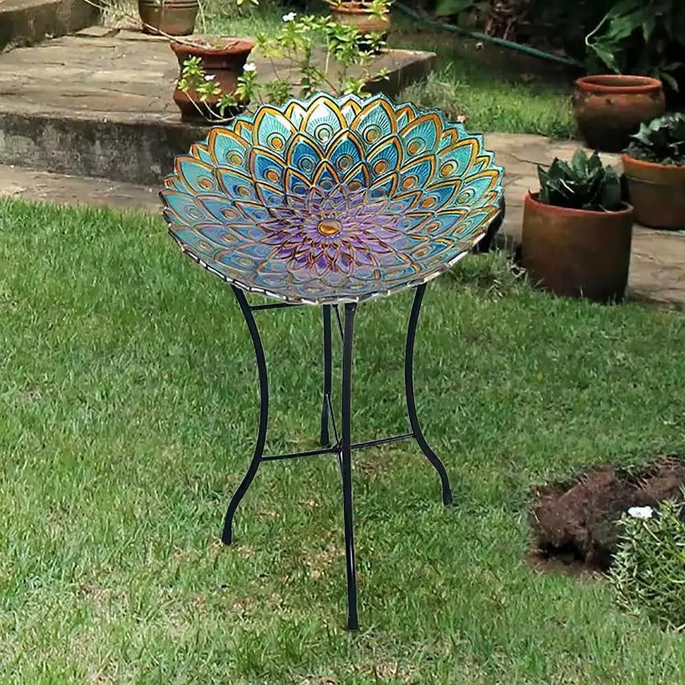 Round 18-inch Peacock Style Glass Mosaic Flower Birdbath with Metal Stand by HomePacific