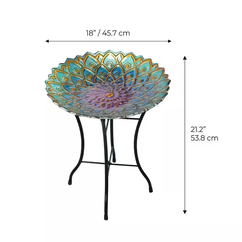 Round 18-inch Peacock Style Glass Mosaic Flower Birdbath with Metal Stand by HomePacific