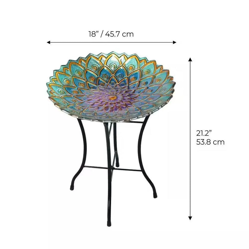 Round 18-inch Peacock Style Glass Mosaic Flower Birdbath with Metal Stand by HomePacific