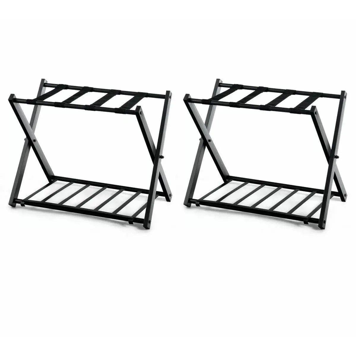 Set of 2 - Folding Black Metal Luggage Rack with Bottom Storage Shelf by HomePacific