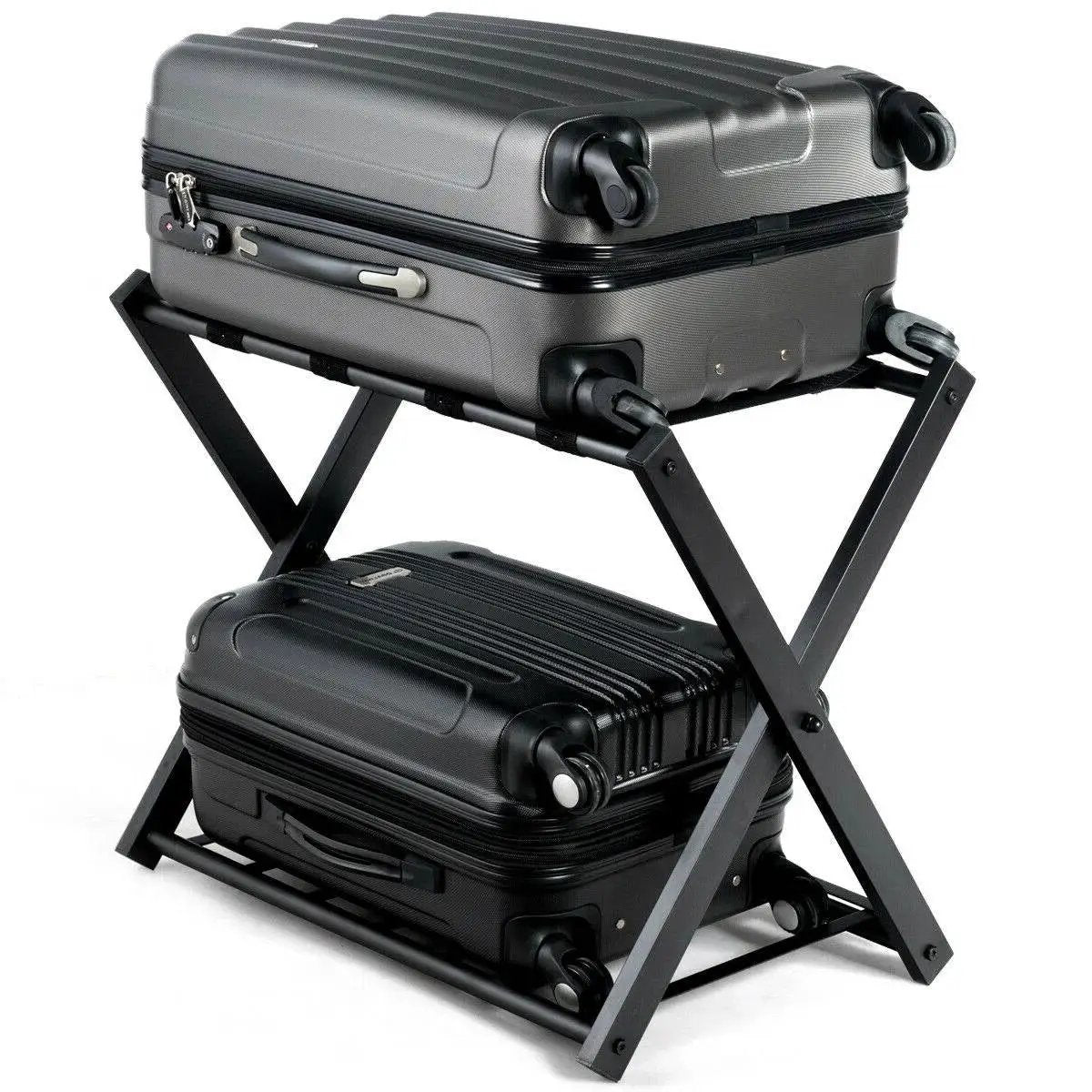 Set of 2 - Folding Black Metal Luggage Rack with Bottom Storage Shelf by HomePacific