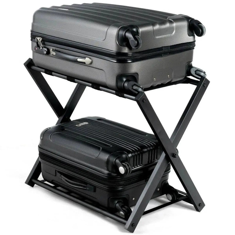 Set of 2 - Folding Black Metal Luggage Rack with Bottom Storage Shelf by HomePacific