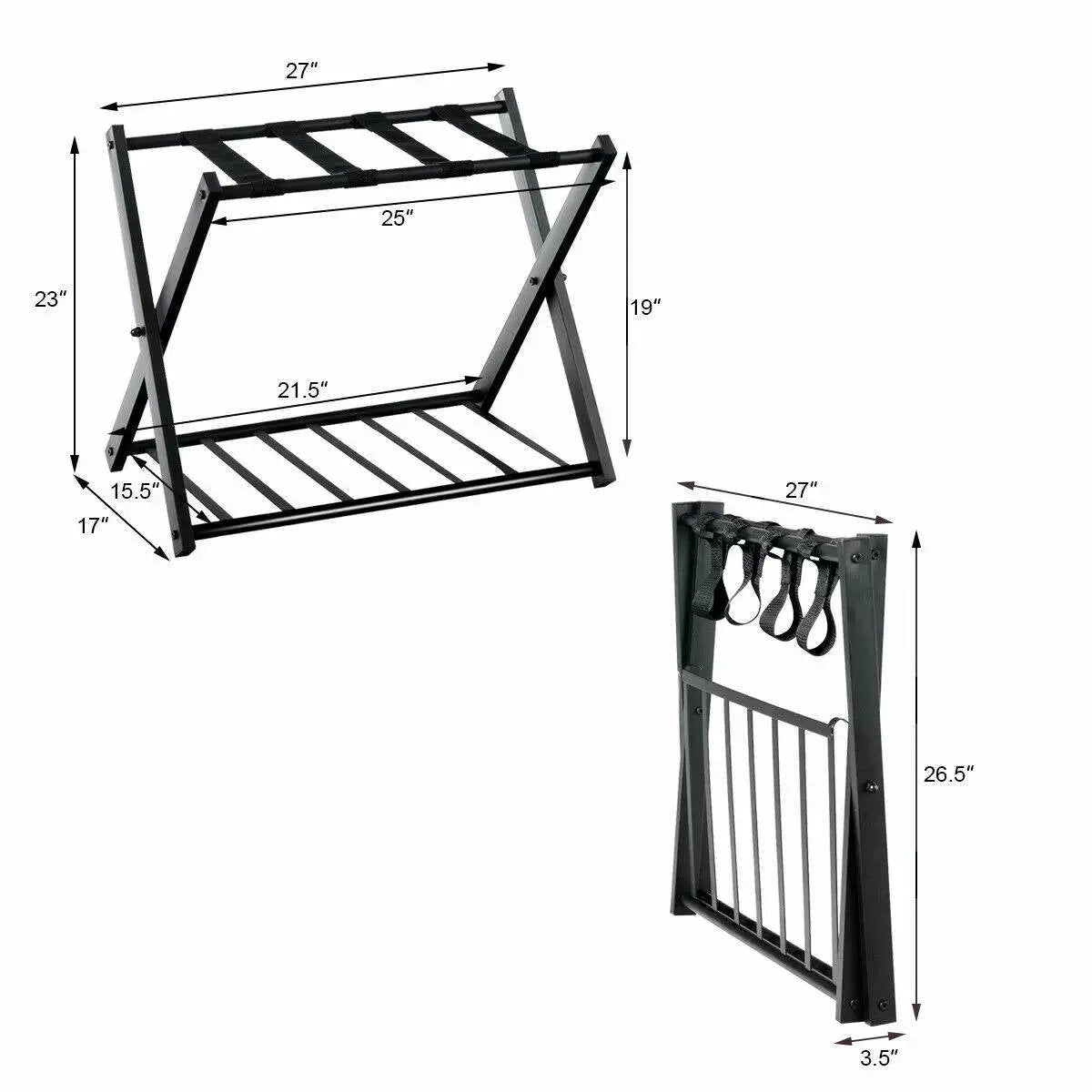Set of 2 - Folding Black Metal Luggage Rack with Bottom Storage Shelf by HomePacific