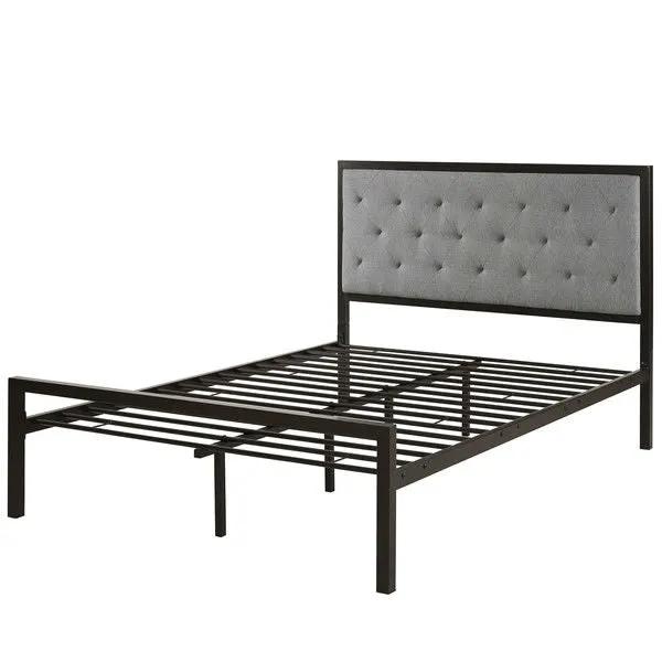 Full Metal Platform Bed with Grey Upholstered Button Tufted Fabric Headboard by HomePacific