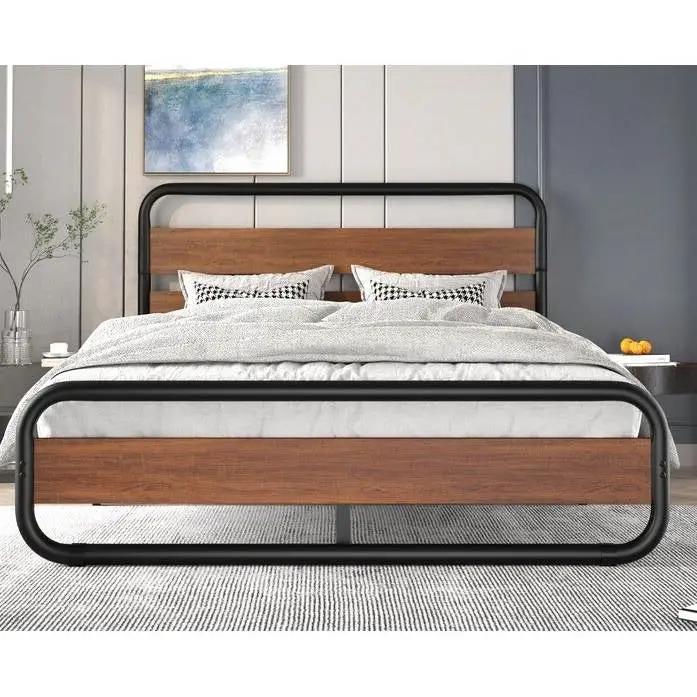 Full Heavy Duty Industrial Modern Metal Wood Platform Bed Frame with Headboard by HomePacific