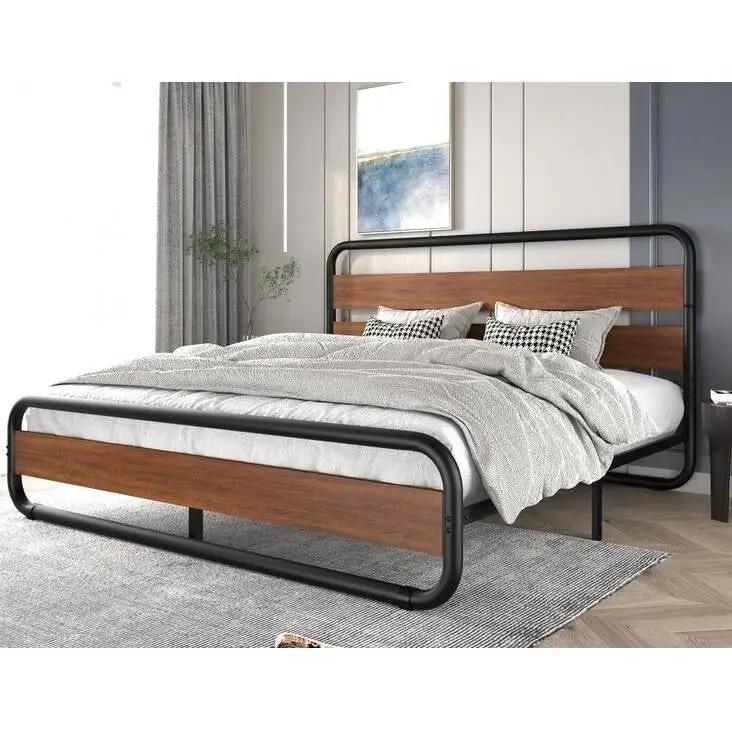 Full Heavy Duty Industrial Modern Metal Wood Platform Bed Frame with Headboard by HomePacific