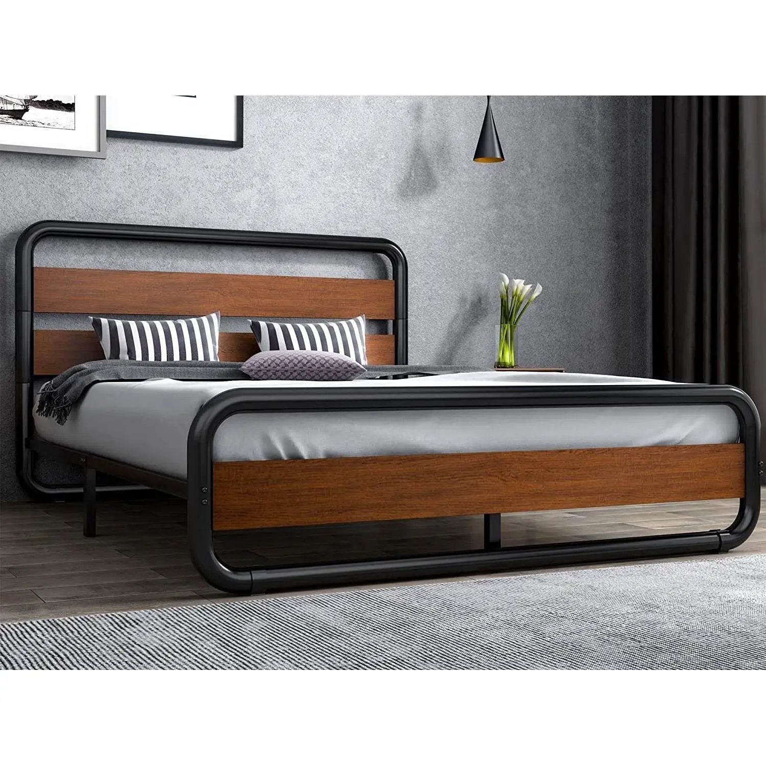 Full Heavy Duty Industrial Modern Metal Wood Platform Bed Frame with Headboard by HomePacific