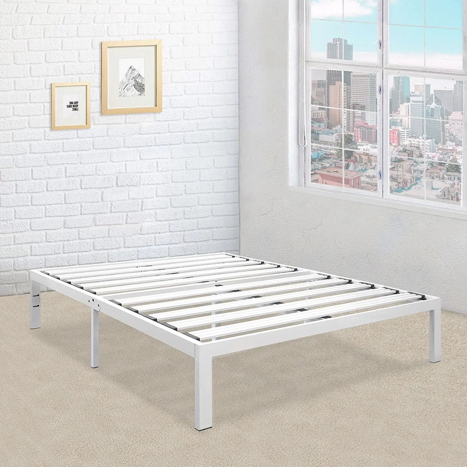 Full size Heavy Duty Metal Platform Bed Frame in White by HomePacific