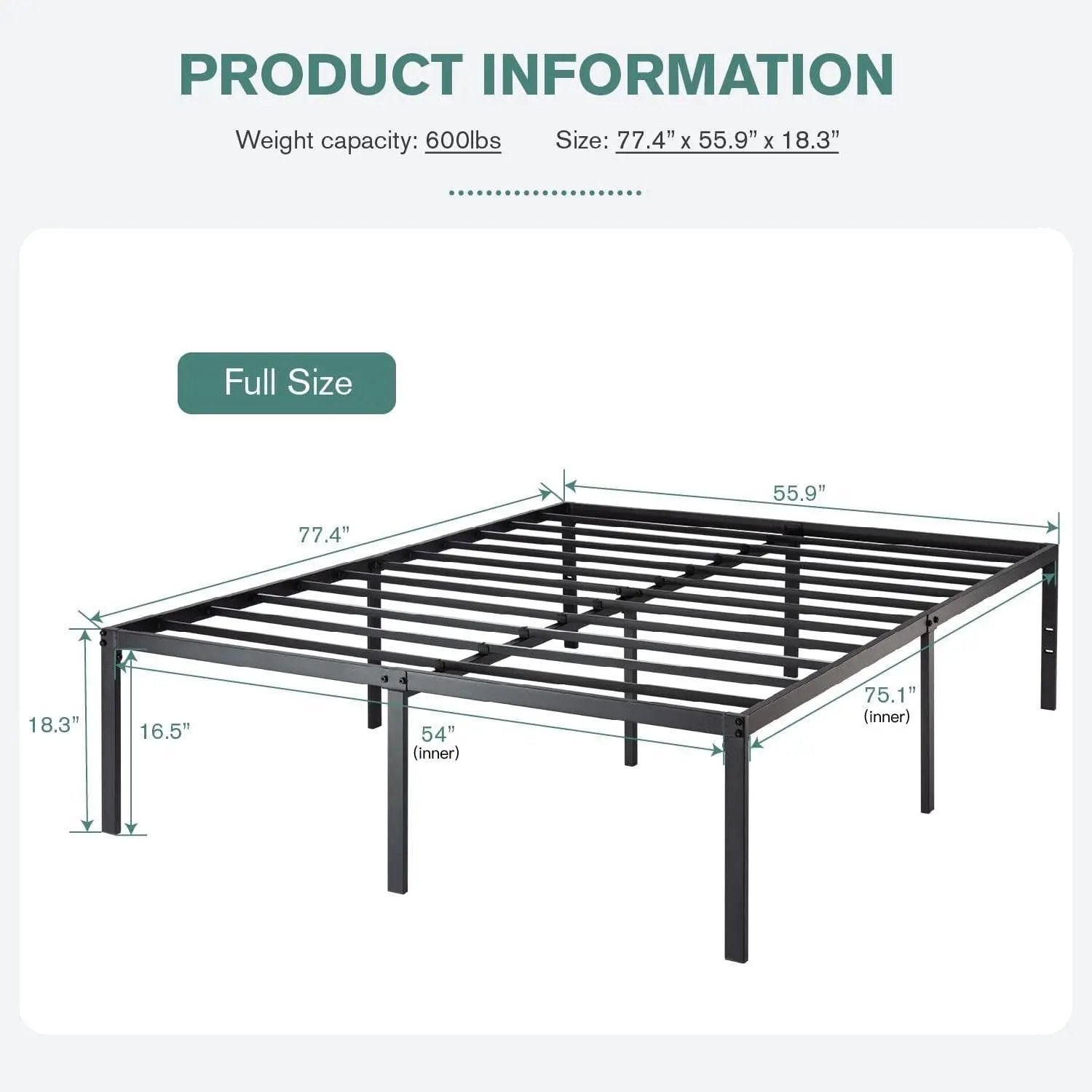 Full 18-inch Metal Platform Bed Frame with Under-Bed Storage Space by HomePacific