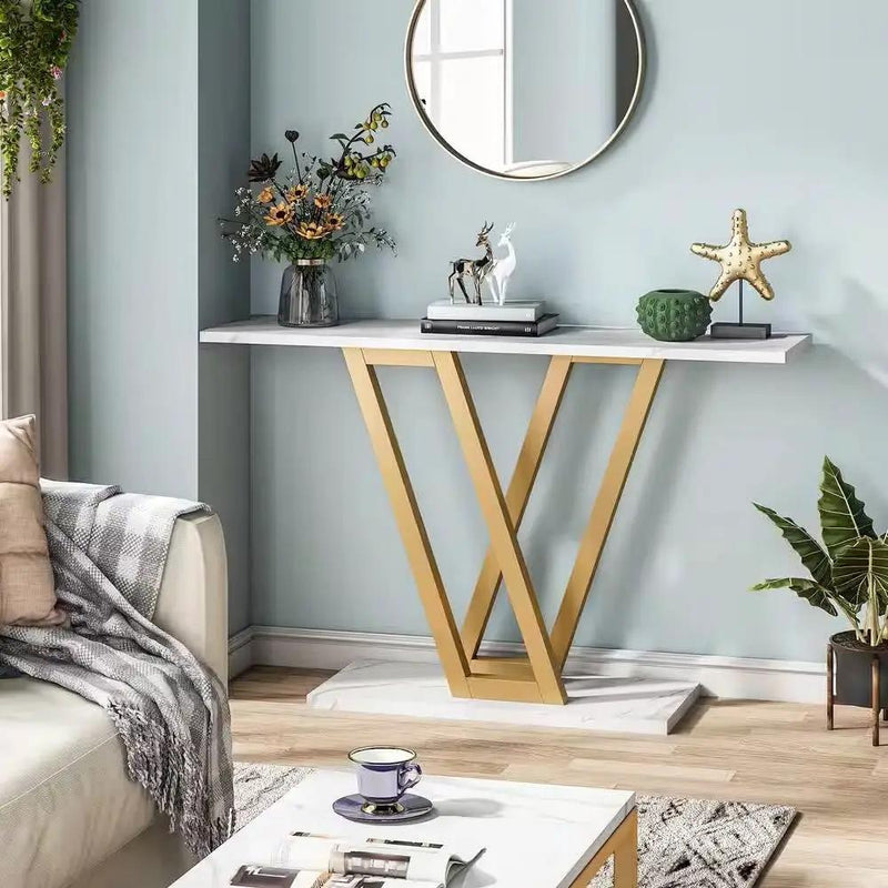Modern Industrial Console Table with Faux White Marble Top and Gold Frame by HomePacific