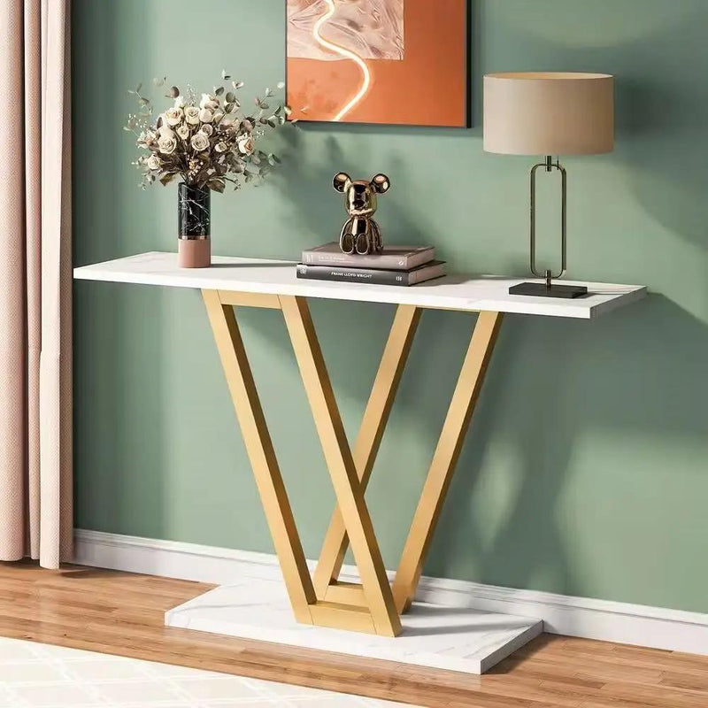 Modern Industrial Console Table with Faux White Marble Top and Gold Frame by HomePacific