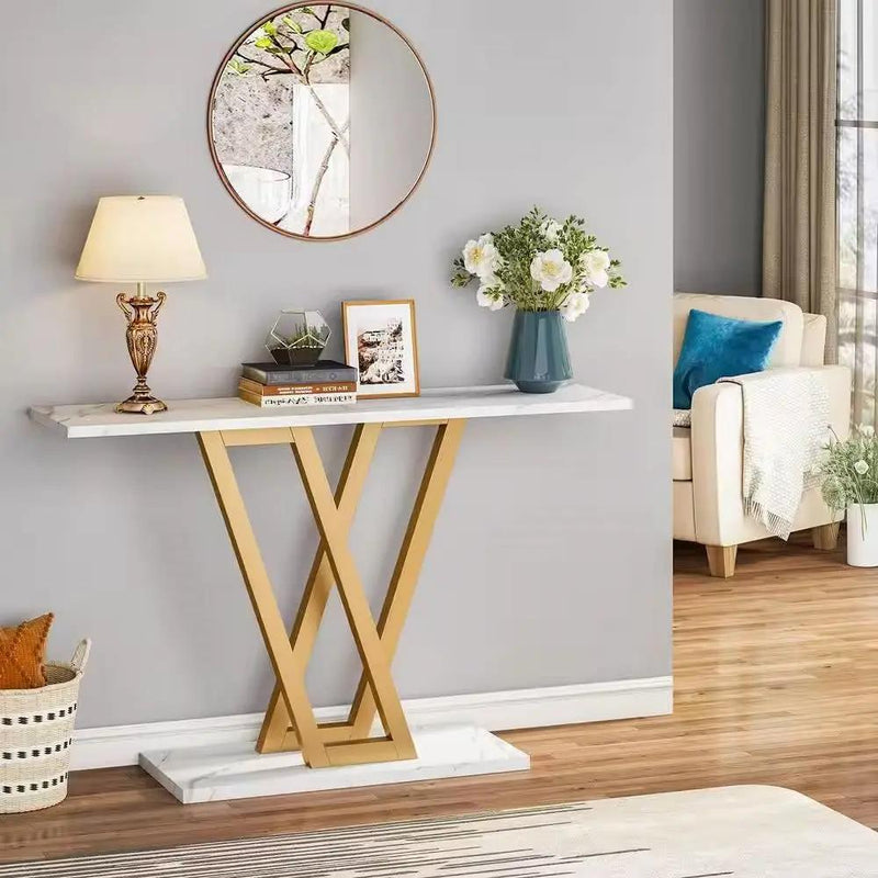 Modern Industrial Console Table with Faux White Marble Top and Gold Frame by HomePacific