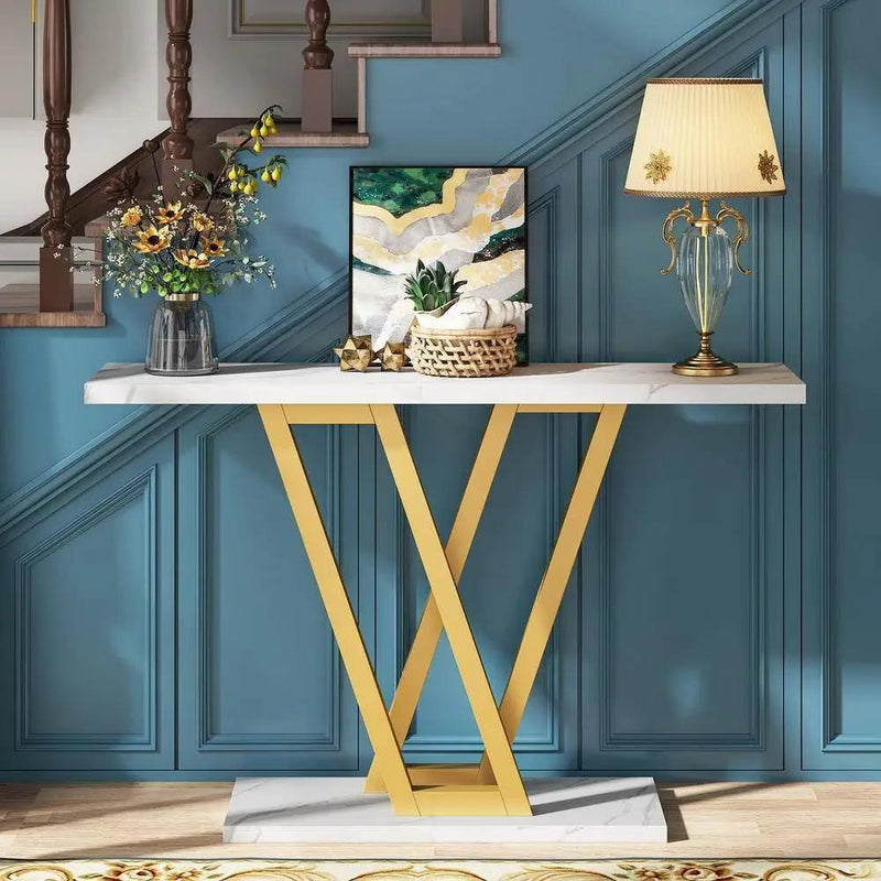 Modern Industrial Console Table with Faux White Marble Top and Gold Frame by HomePacific