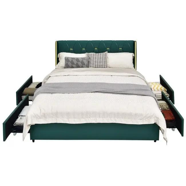 Full Size Green/Gold Linen Headboard 4 Drawer Storage Platform Bed by HomePacific