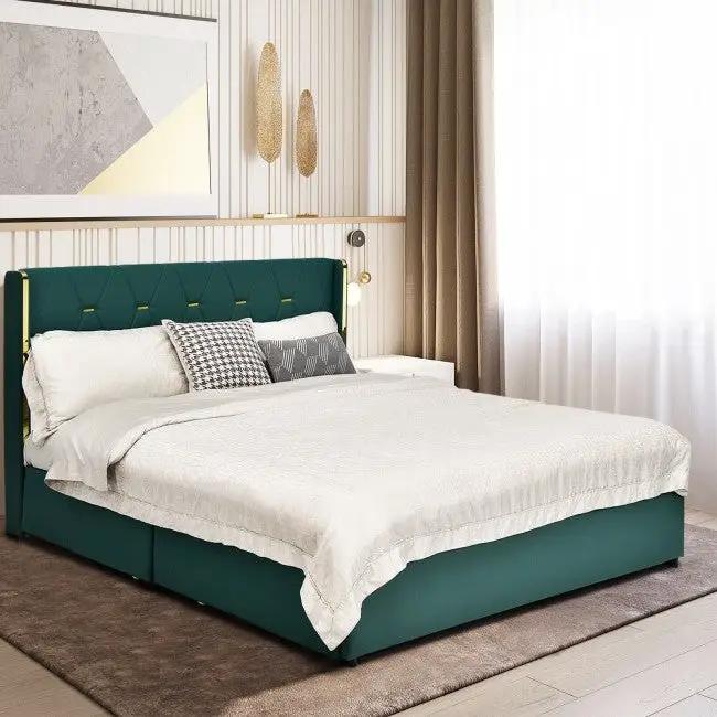 Full Size Green/Gold Linen Headboard 4 Drawer Storage Platform Bed by HomePacific