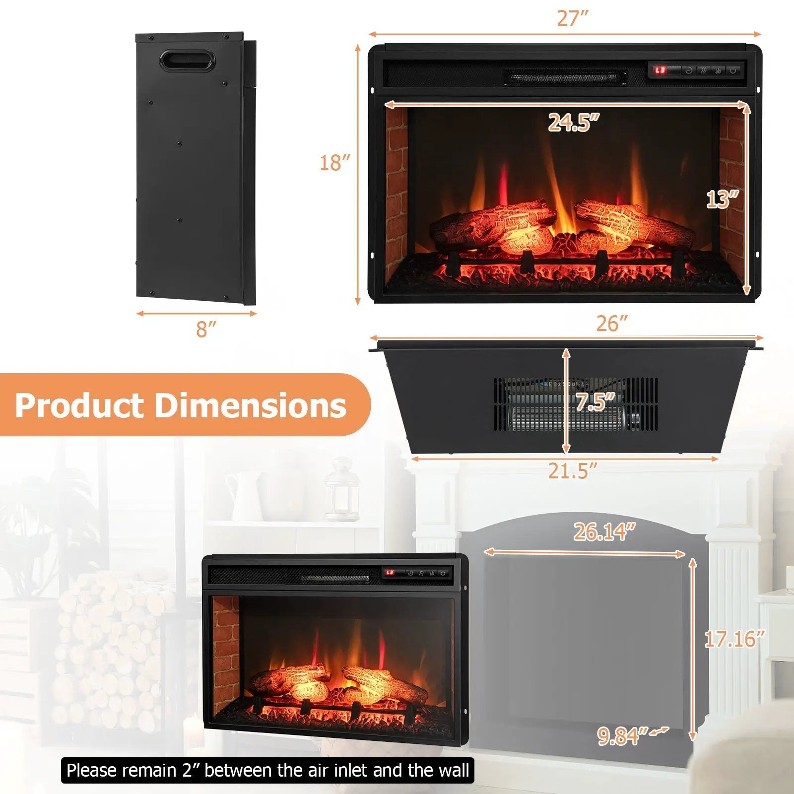 26 Inch Infrared Electric Fireplace Insert with Remote Control-Black by DirectDeals