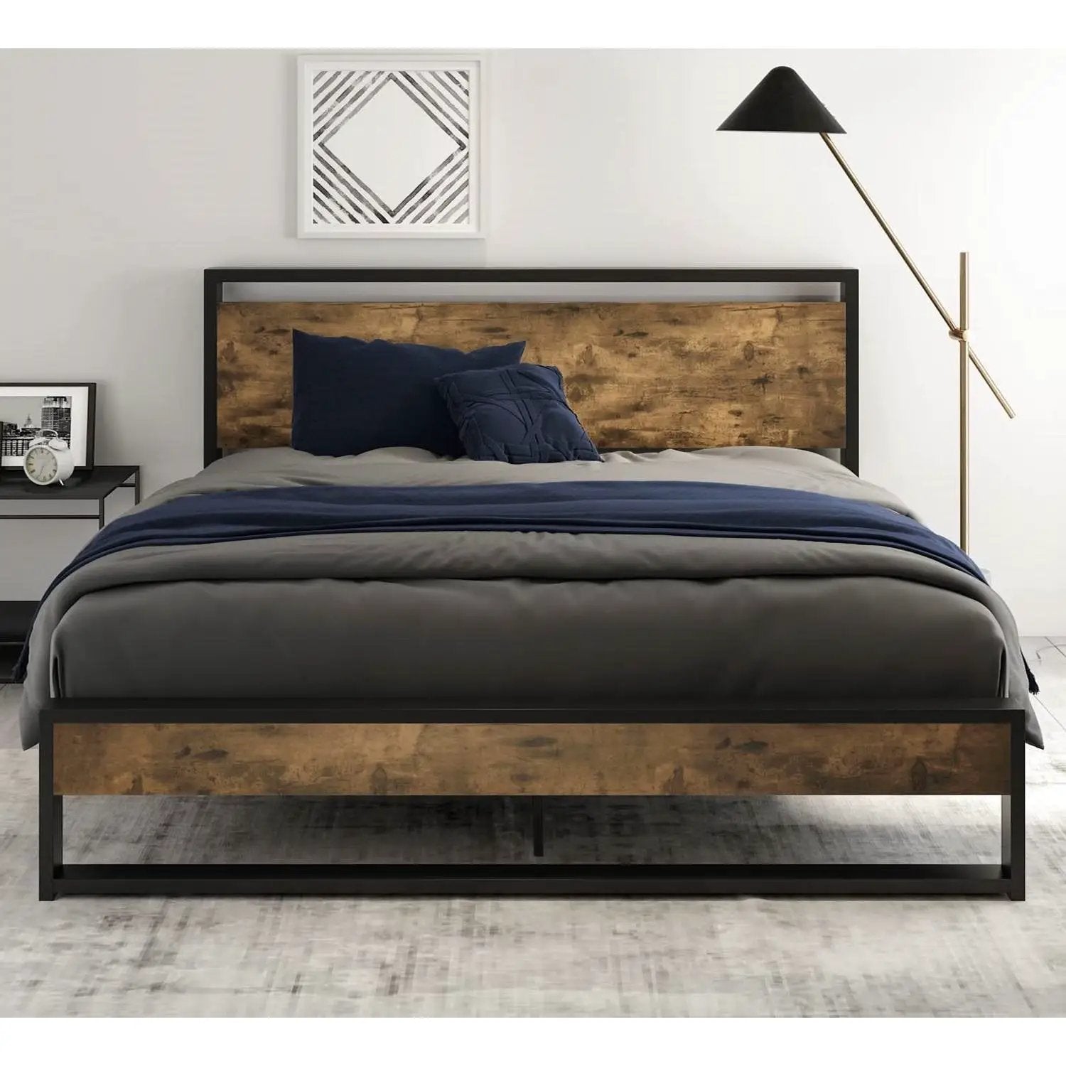 Full size Metal Wood Platform Bed Frame with Industrial Headboard by HomePacific