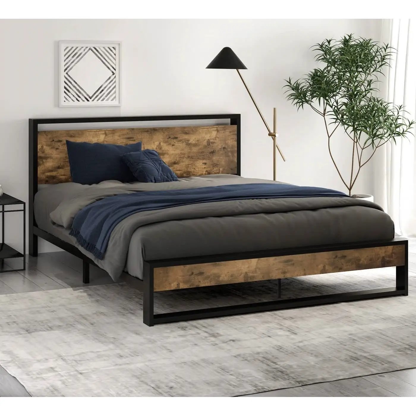 Full size Metal Wood Platform Bed Frame with Industrial Headboard by HomePacific
