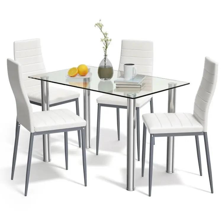 Modern 5-Piece Dining Set with Glass Top Table and 4 White PVC Leather Chairs by HomePacific