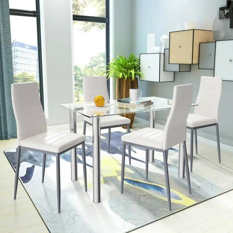 Modern 5-Piece Dining Set with Glass Top Table and 4 White PVC Leather Chairs by HomePacific
