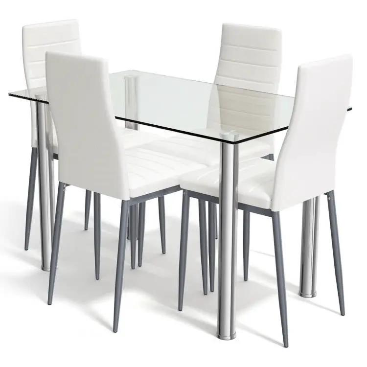 Modern 5-Piece Dining Set with Glass Top Table and 4 White PVC Leather Chairs by HomePacific