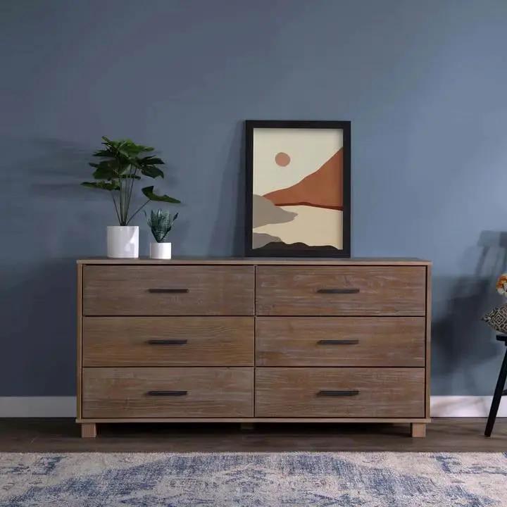 Modern Farmhouse Solid Wood 6 Drawer Double Dresser in Rustic Pine Finish by HomePacific