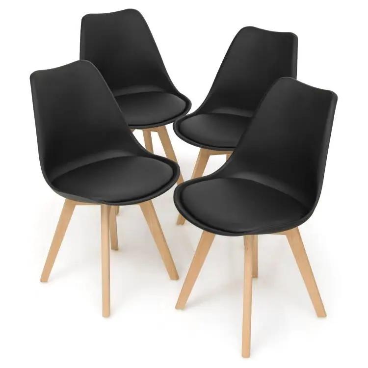 Set of 4 Modern Mid-Century Style Black PU Leather Dining Chairs with Wood Legs by HomePacific