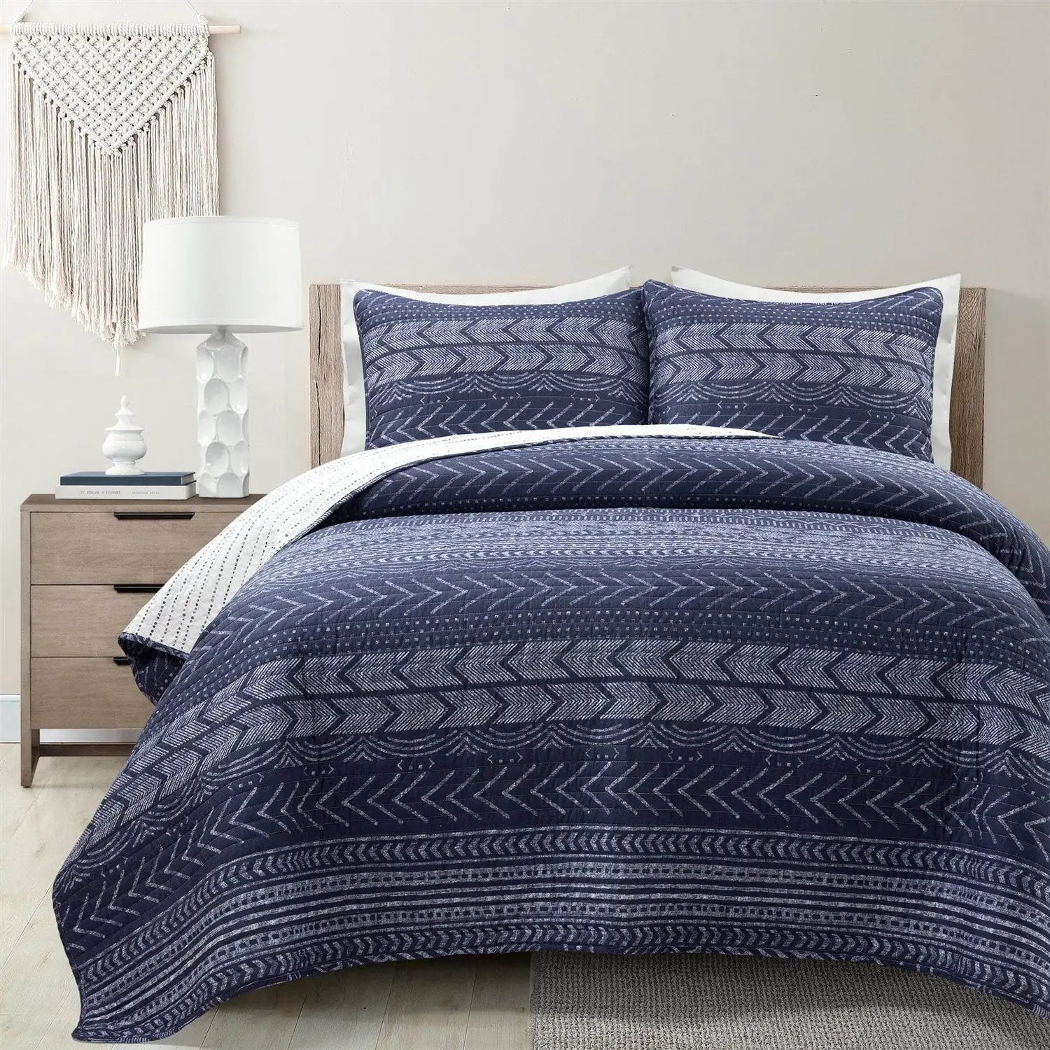 Full/Queen Scandinavian Chevron Navy Blue White Reversible Cotton Quilt Set by HomePacific
