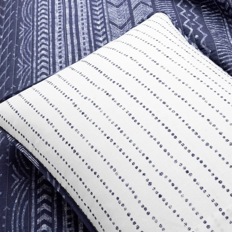 Full/Queen Scandinavian Chevron Navy Blue White Reversible Cotton Quilt Set by HomePacific